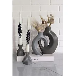 Zigzag Home Dekoratif Bohem Tarz Sevgili Sarmaşık Vazo ve Şam'dan Mumluk Set Biblo Antrasit ve Açık Gri