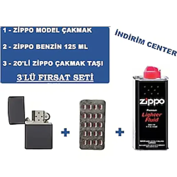 Zippo Siyah Çakmak + Zippo Benzin 125 Ml + 20 Li Zippo Taşı