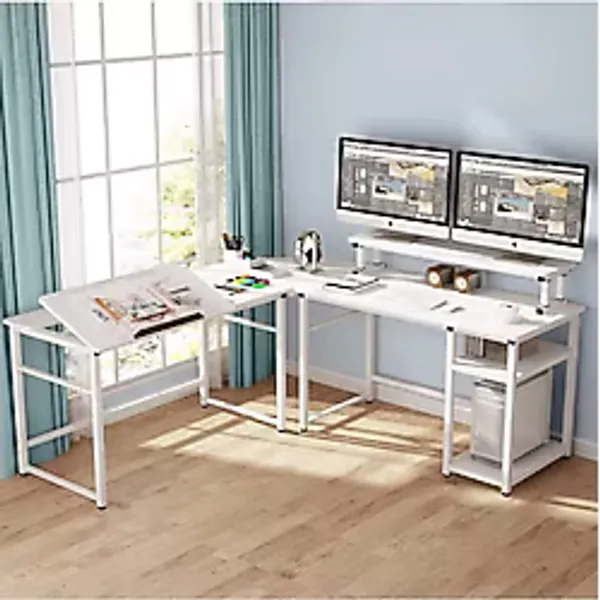 Zizuva Tasarım Beyaz L Model Monitör Raflı Çizim Ve Çalışma Masası Modeli