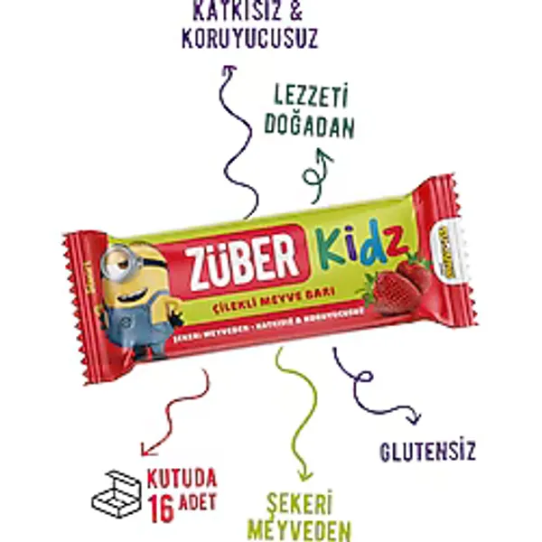 Züber Kidz Çilekli Meyve Bar 25g x 16 Adet Şekerli Meyveden Katkısız Eğlenceli Atıştırmalık - 25 gr