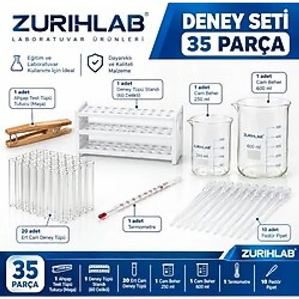 ZURIHLAB Deney Seti 35 Parça - Deney Tüpü, Beher, Stand ve Laboratuvar Malzemeleri