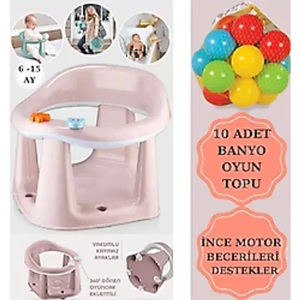 Zuu Baby Bebek Banyo Oturağı - Vakum Tabanlı Bebek Mama Oturağı - Bel Destekli Vakumlu Mama, Pudra 10 Top